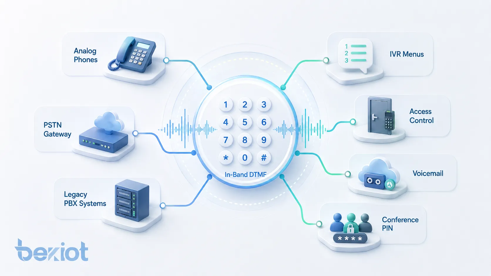 How in-band DTMF works showing keypad press dual-tone generation voice codec audio transmission IVR tone detection and digit recognition workflow