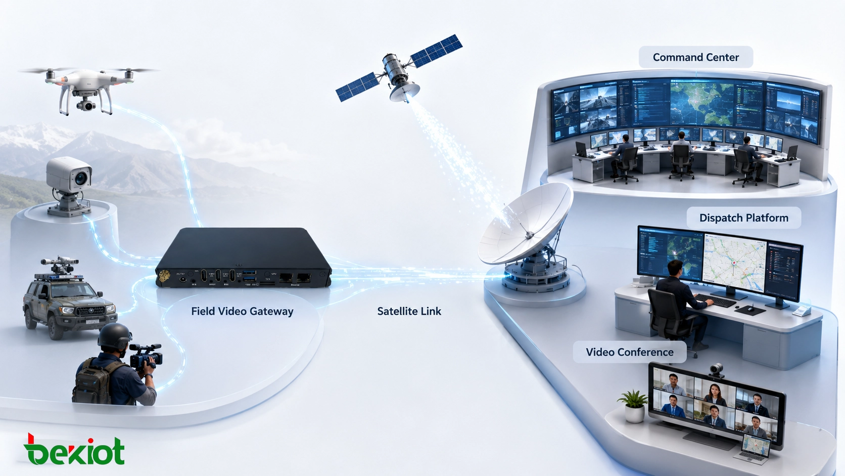 Satellite emergency communication architecture with field video gateway command center dispatch platform and video conference integration