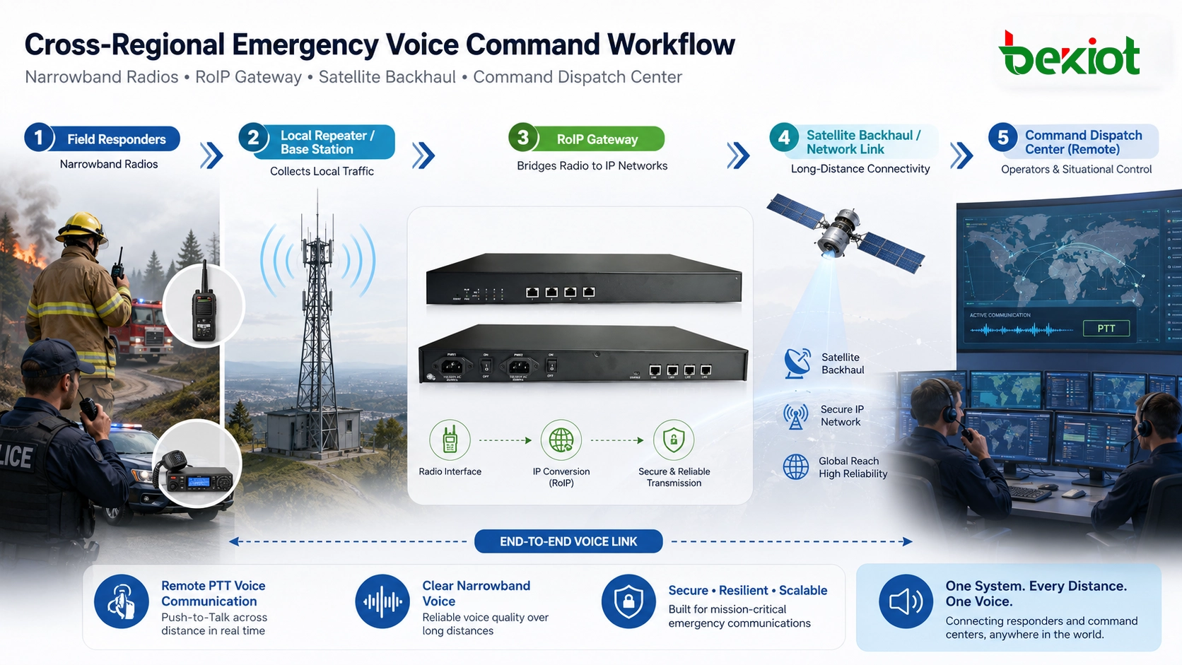 Cross-regional emergency voice command workflow using narrowband radios RoIP gateway satellite backhaul and command dispatch center