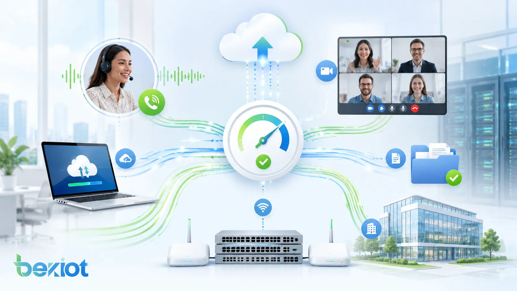Bandwidth benefits showing smooth VoIP clear video meetings fast cloud access stable file transfer and scalable enterprise networks