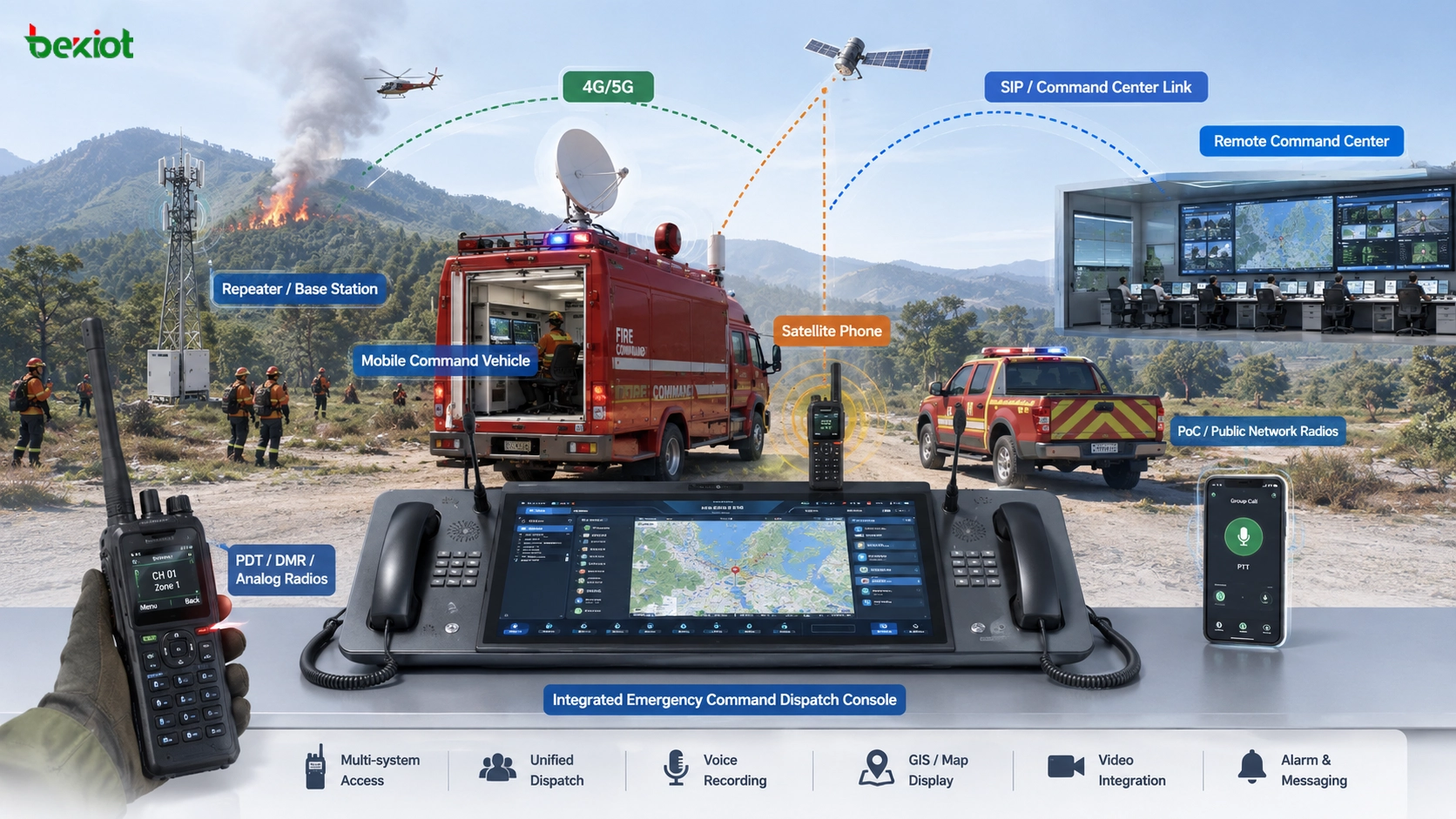 Forest fire field command post using integrated emergency dispatch console with radios repeaters satellite phones and mobile command vehicle