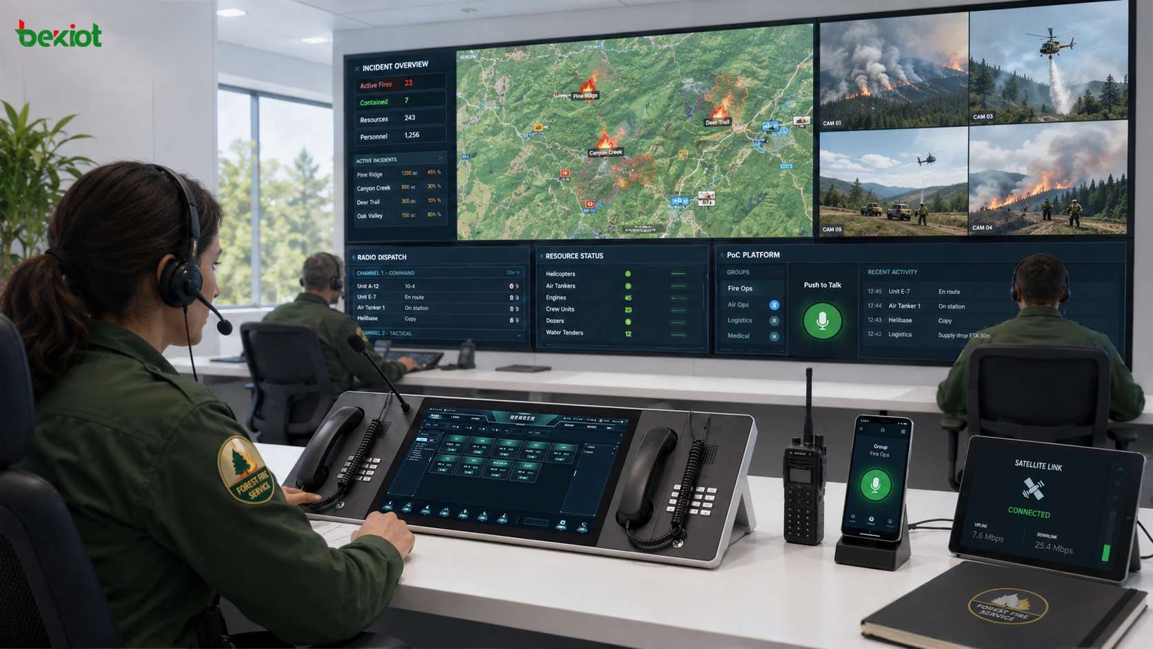 Forest fire emergency command center using integrated command dispatch console GIS map video monitoring radio communication satellite link and PoC platform