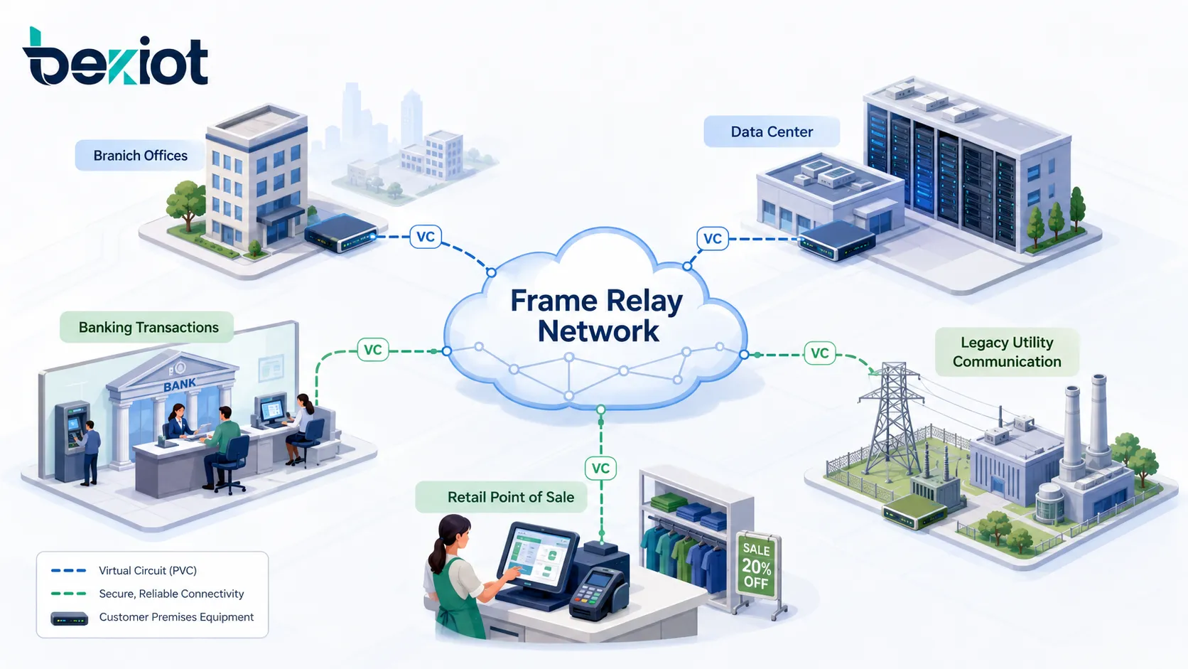 Frame Relay use cases showing branch offices data center access banking transaction network retail point of sale and legacy utility communication