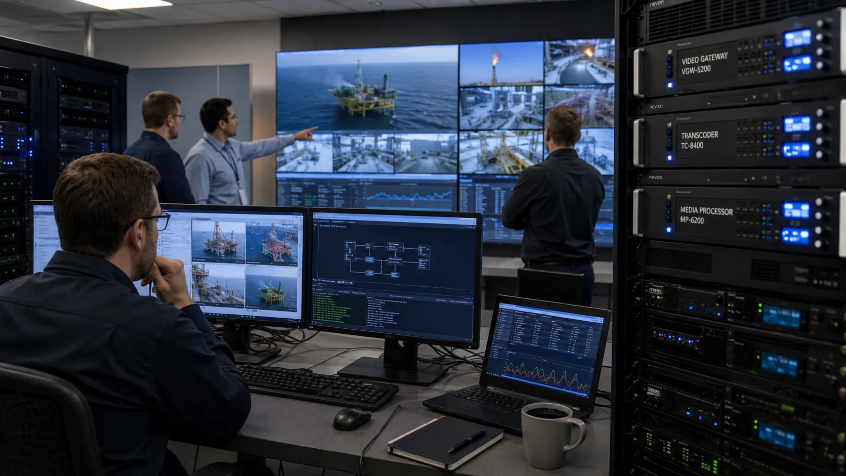 Unified communications video integration showing camera streams video gateway transcoding server command center display and compatibility checking