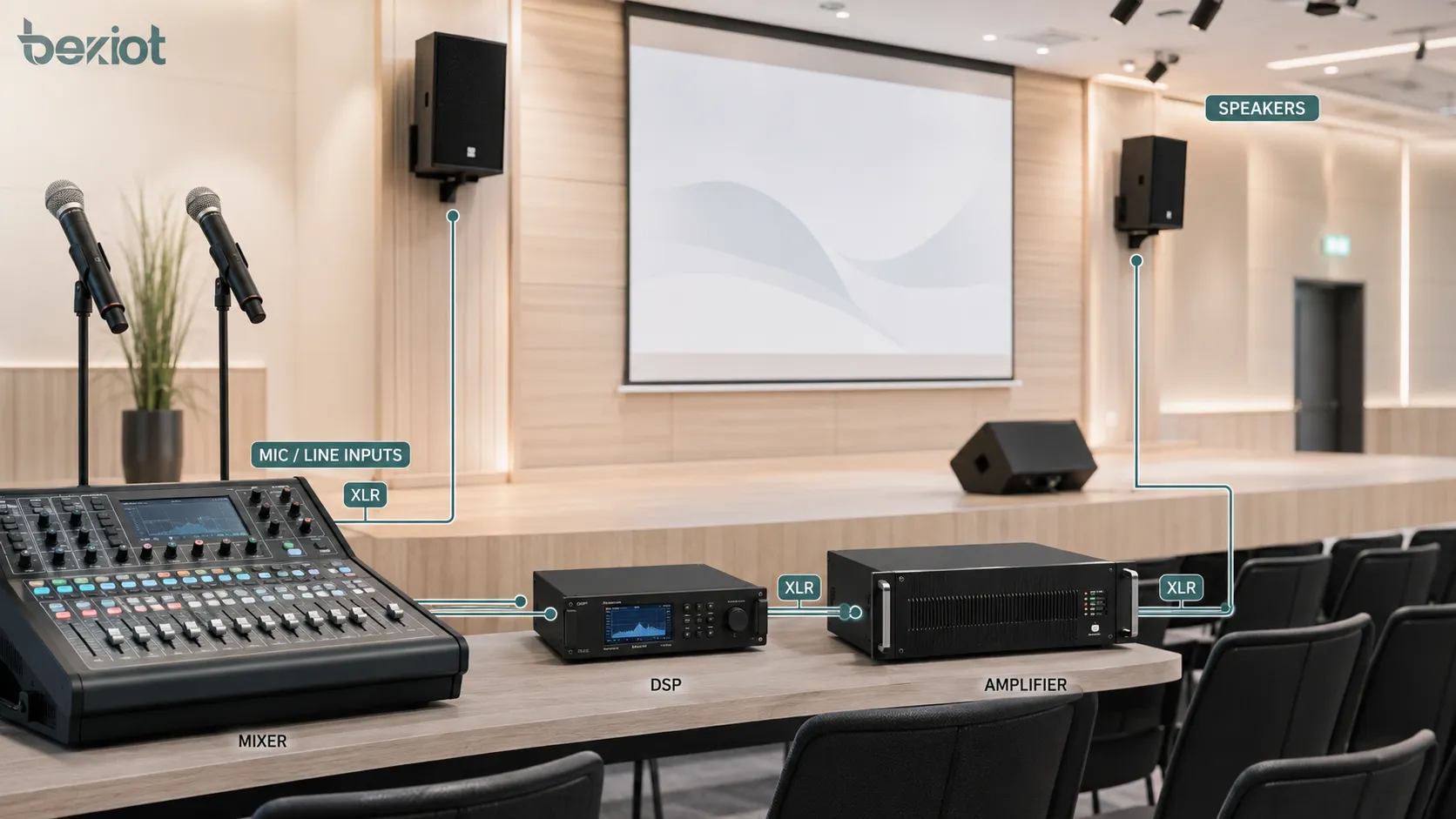 Professional AV system using balanced audio connections between microphones mixer DSP amplifier and speakers