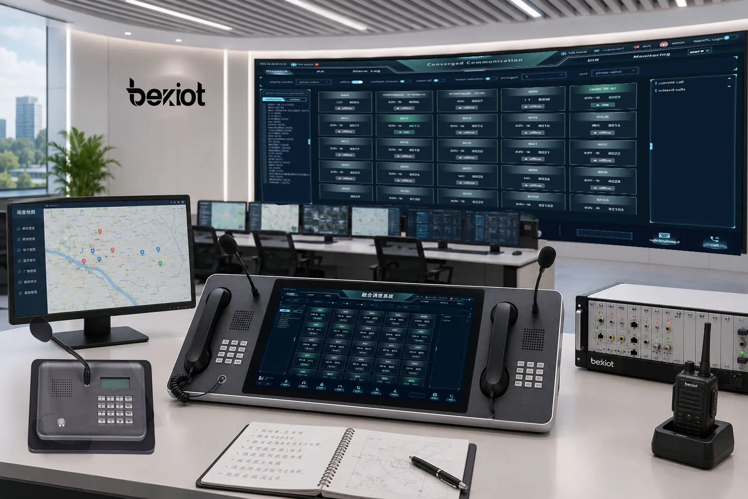 Emergency command center with unified dispatch map video monitoring alarm linkage radio communication and public address coordination