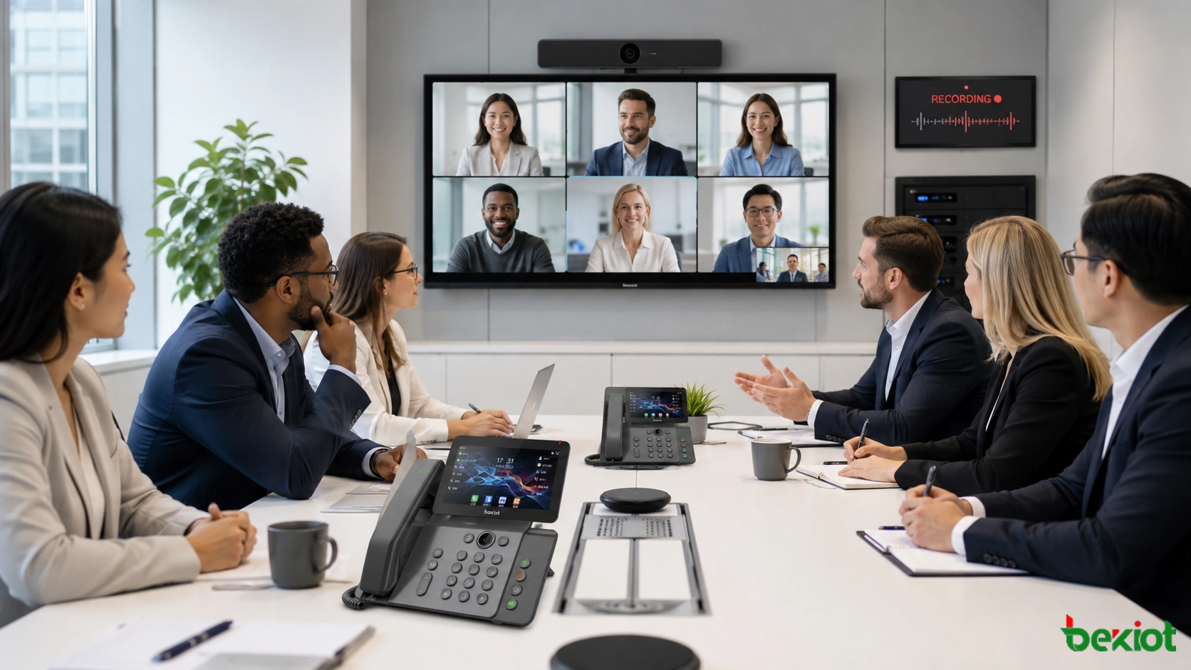 Enterprise SIP phone conference room solution with Becke Telcom phones multi-party audio video meeting recording server and office users