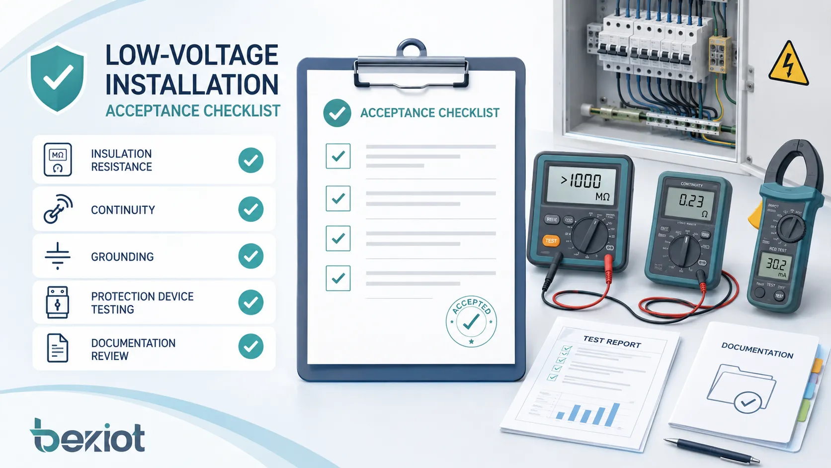 Low-voltage installation acceptance checklist with insulation resistance continuity grounding protection device testing and documentation review