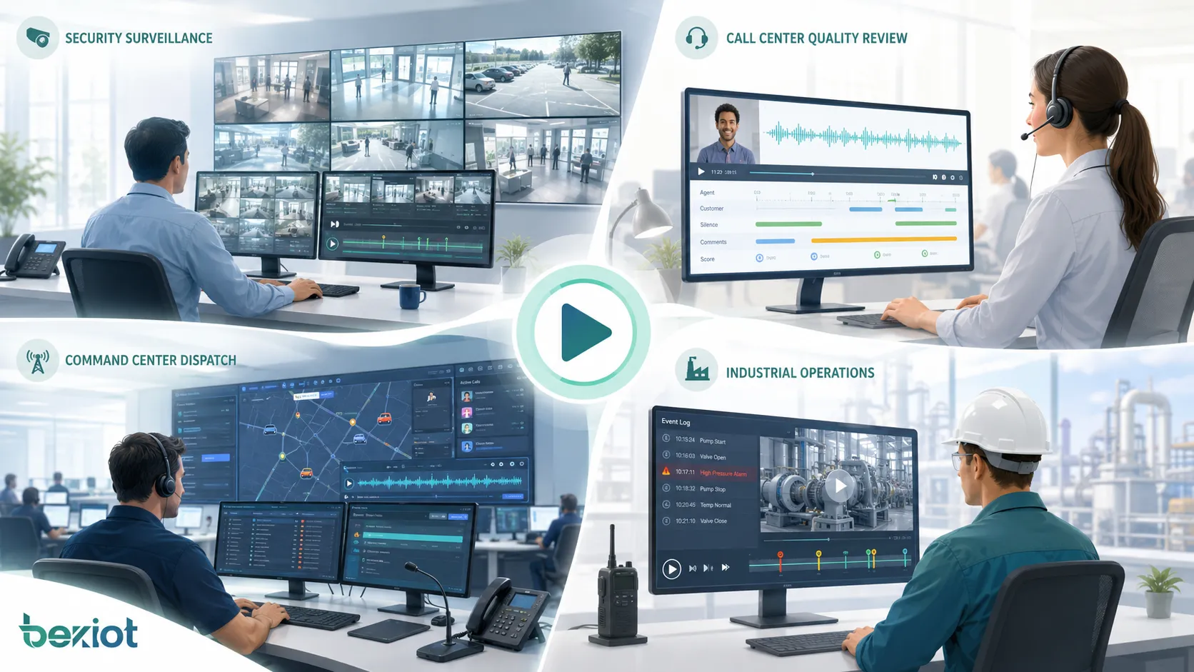 Recording playback applications in security surveillance call center quality review command center dispatch and industrial operations