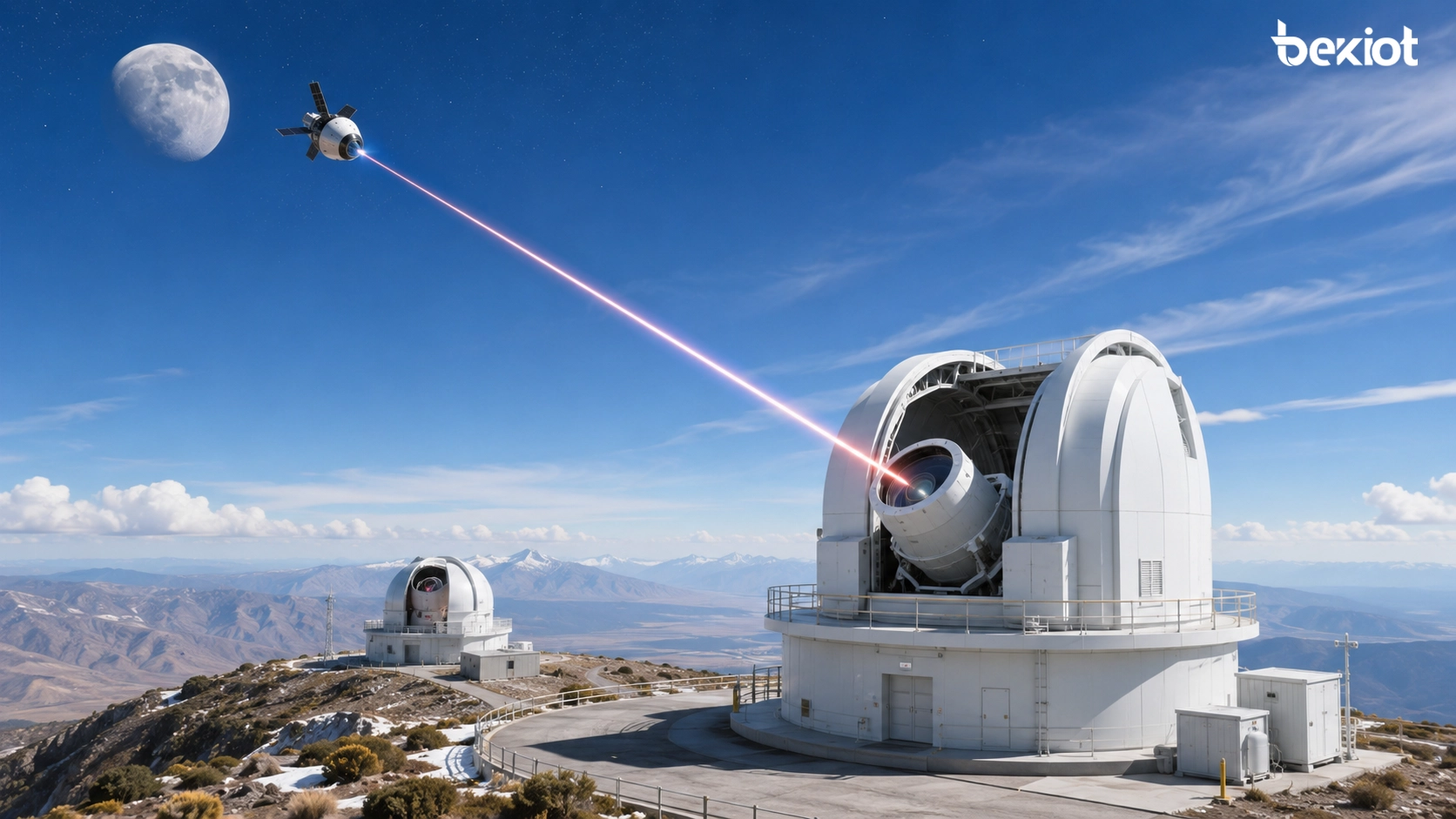 Optical ground stations receiving laser communication signals from the Orion spacecraft during a lunar mission