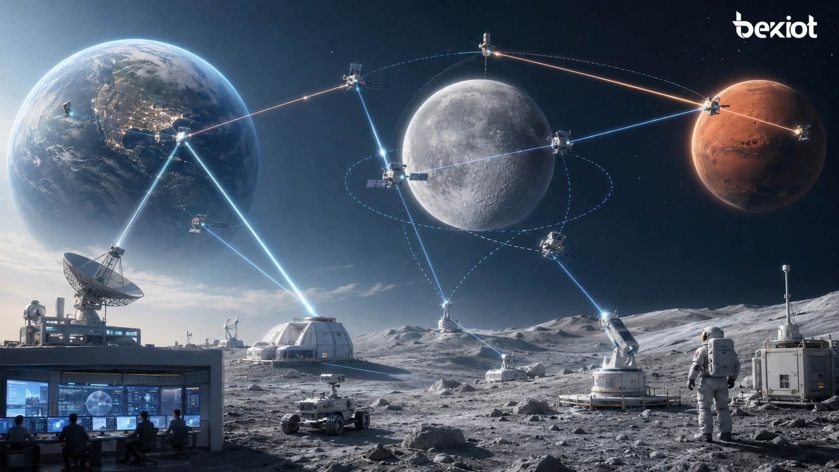 Conceptual Moon to Mars optical communication network linking spacecraft lunar assets ground stations and mission control