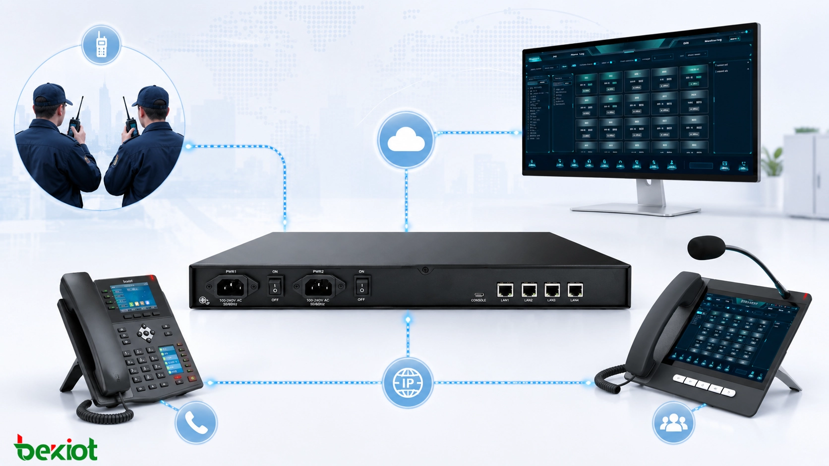RoIP gateway connecting walkie-talkies with SIP dispatch platform IP phones and command center communication system