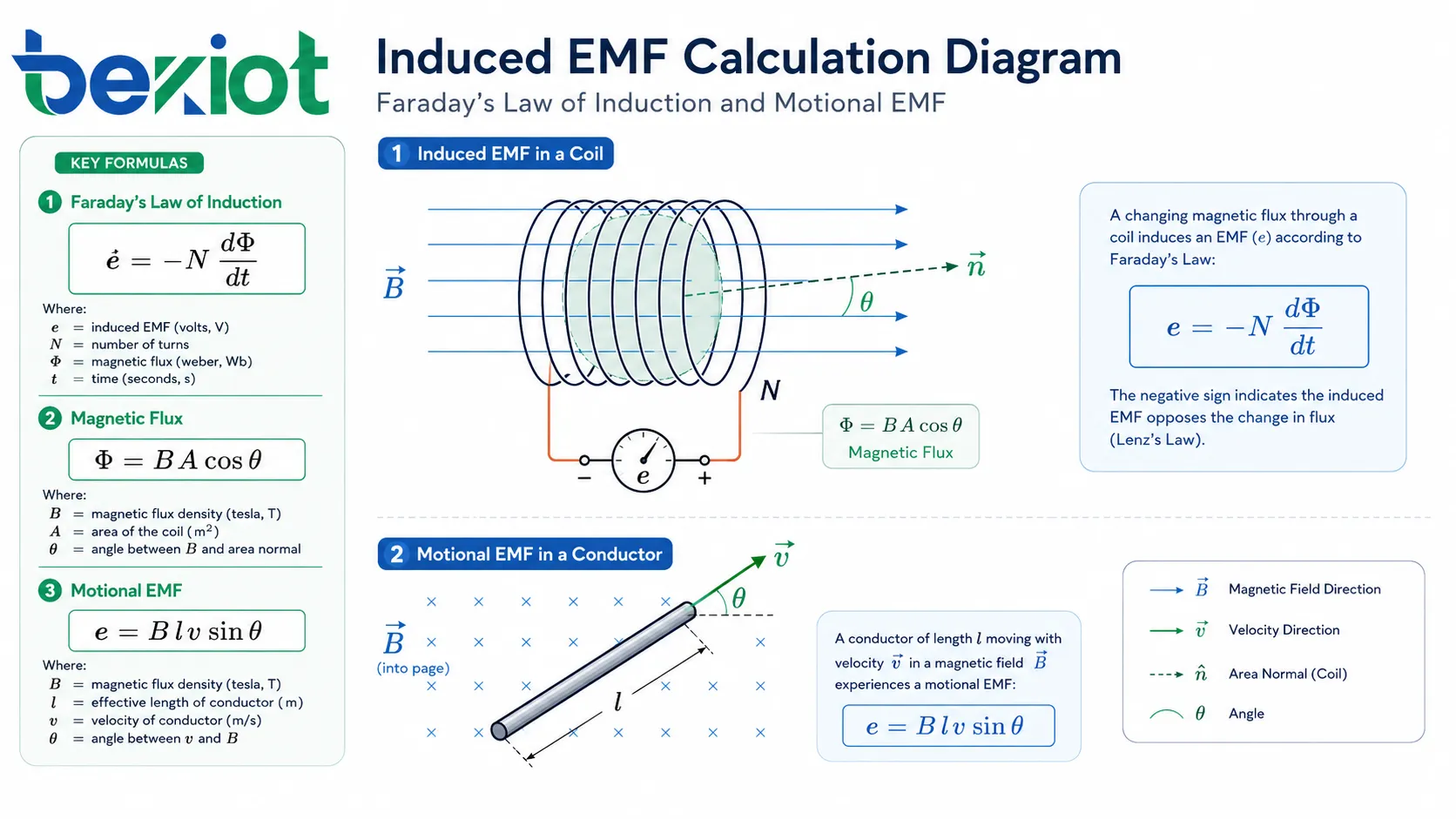 Induced EMF calculation diagram showing Faraday law magnetic flux formula and motional EMF formula with coil conductor and magnetic field