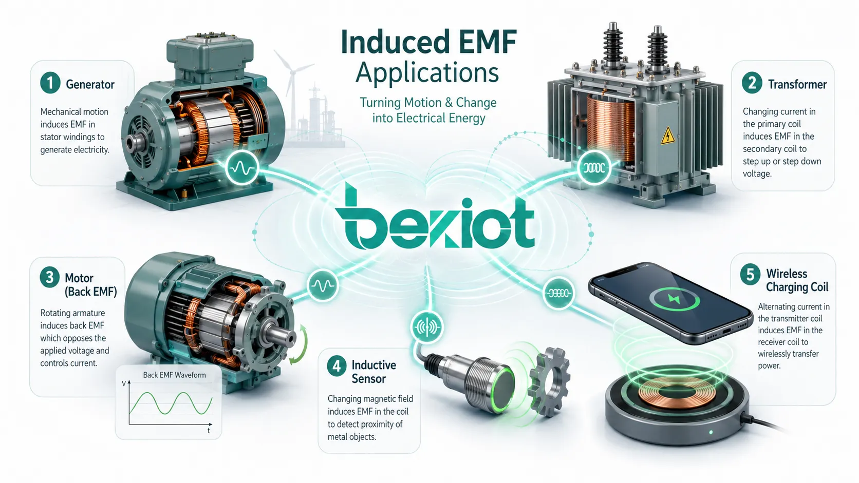 Induced EMF applications showing generator transformer motor back EMF inductive sensor and wireless charging coil