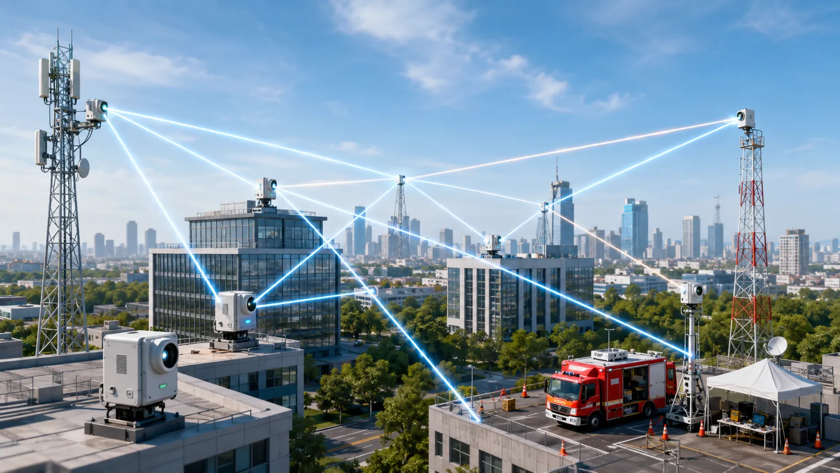 Optical wireless mesh network connecting 5G base stations enterprise buildings and emergency communication sites