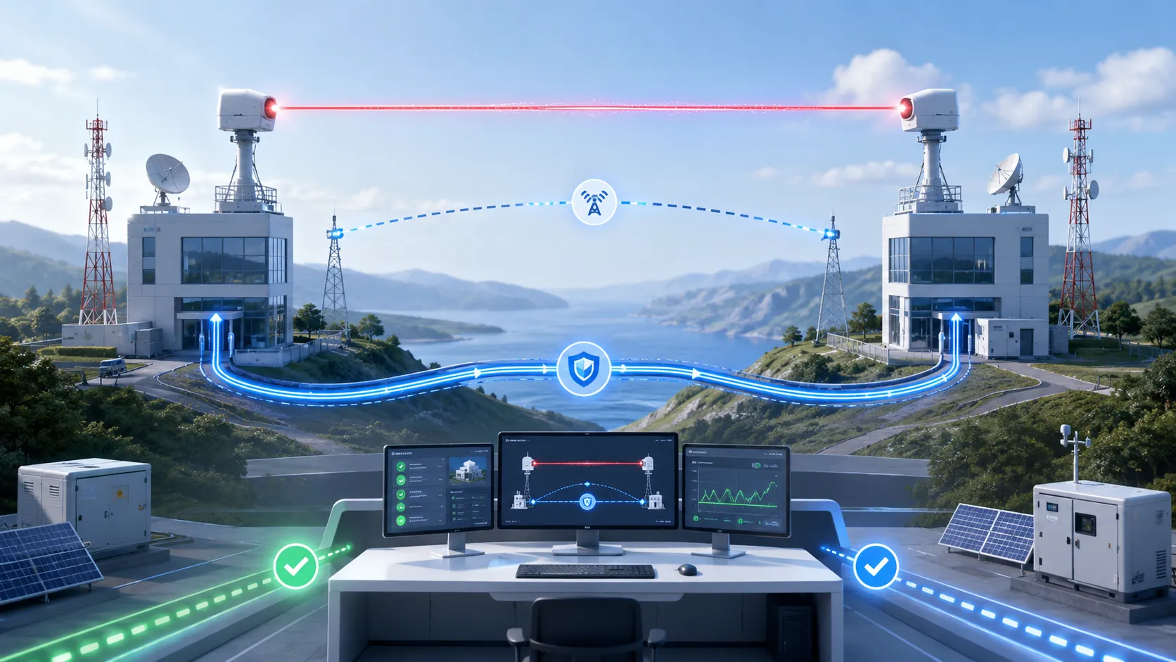 Resilient laser communication architecture with optical wireless fiber and radio failover paths