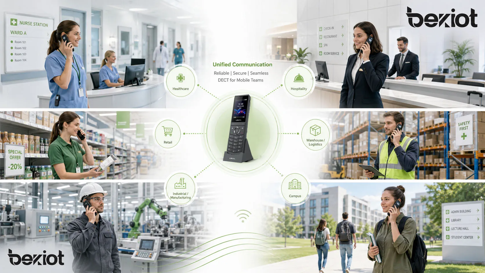 DECT enterprise applications in healthcare hospitality retail warehouse industrial and campus communication environments