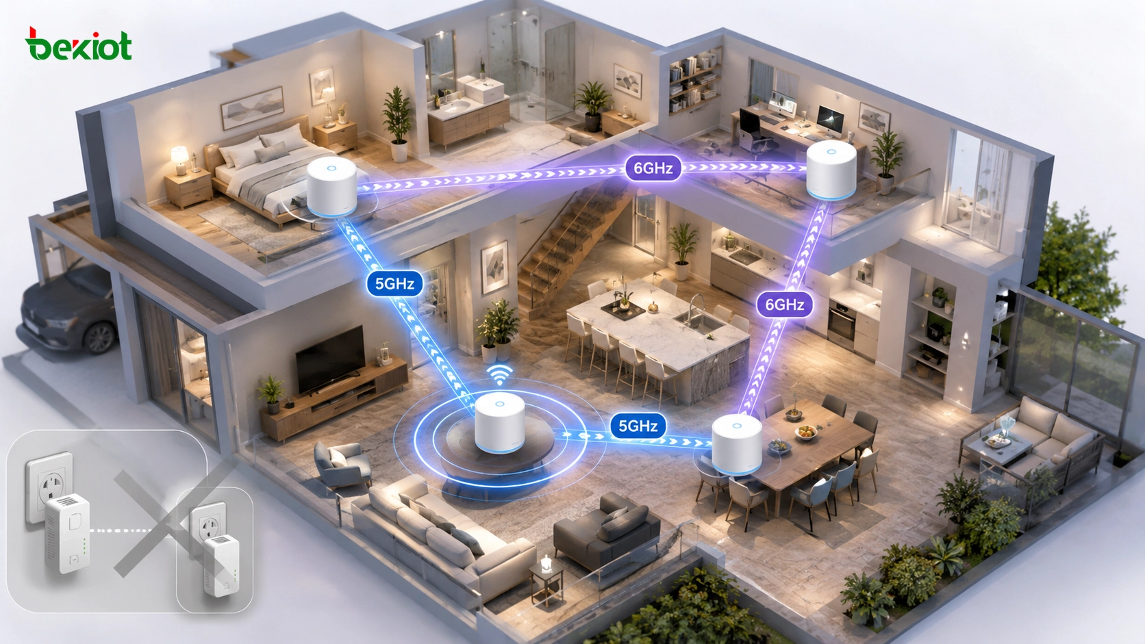 Wi-Fi Mesh network replacing powerline adapters for whole-home coverage with 5GHz and 6GHz wireless backhaul
