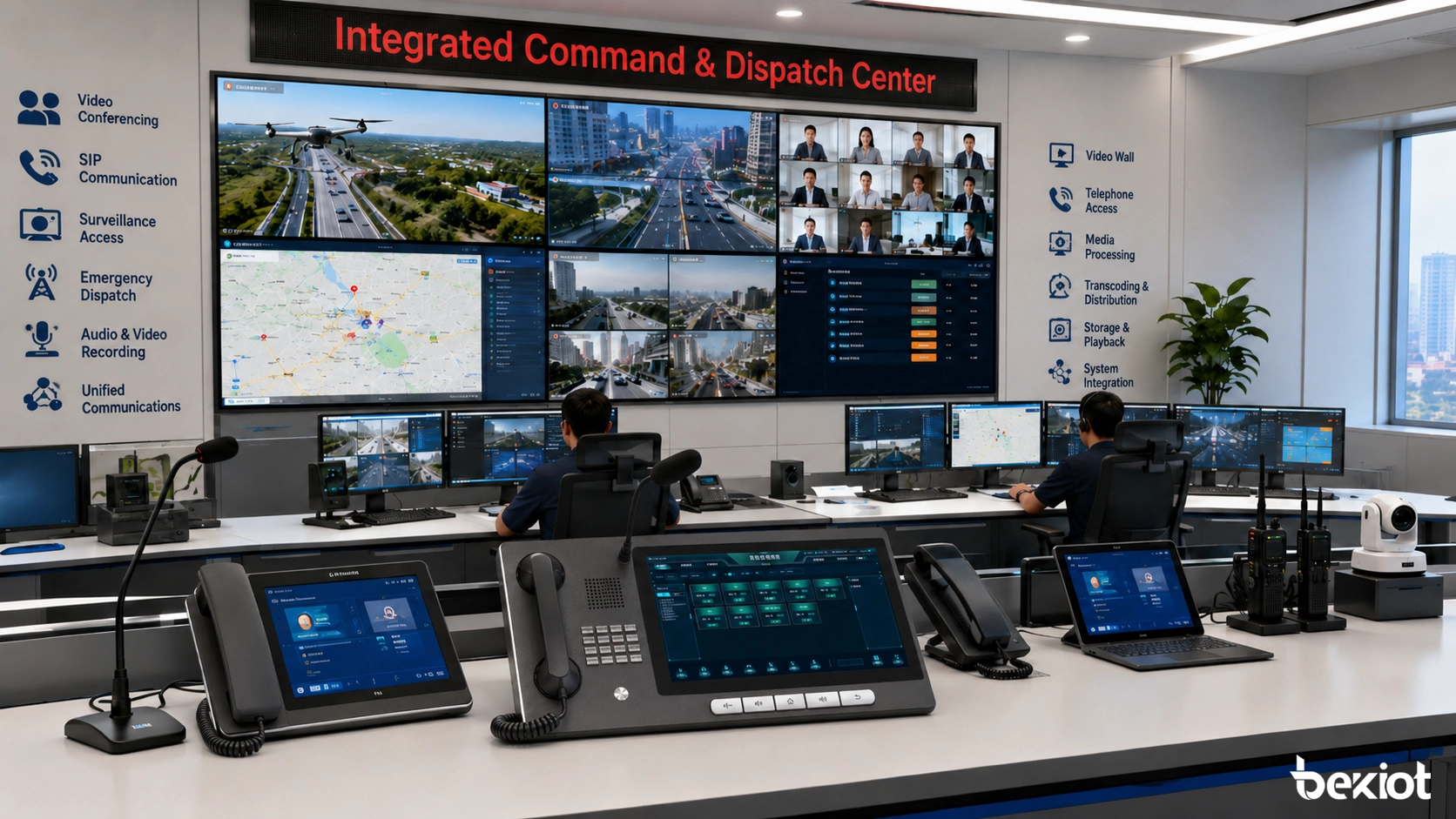 Compact command center using integrated audio-video command equipment with displays, dispatch console, SIP phones, cameras, and field video sources