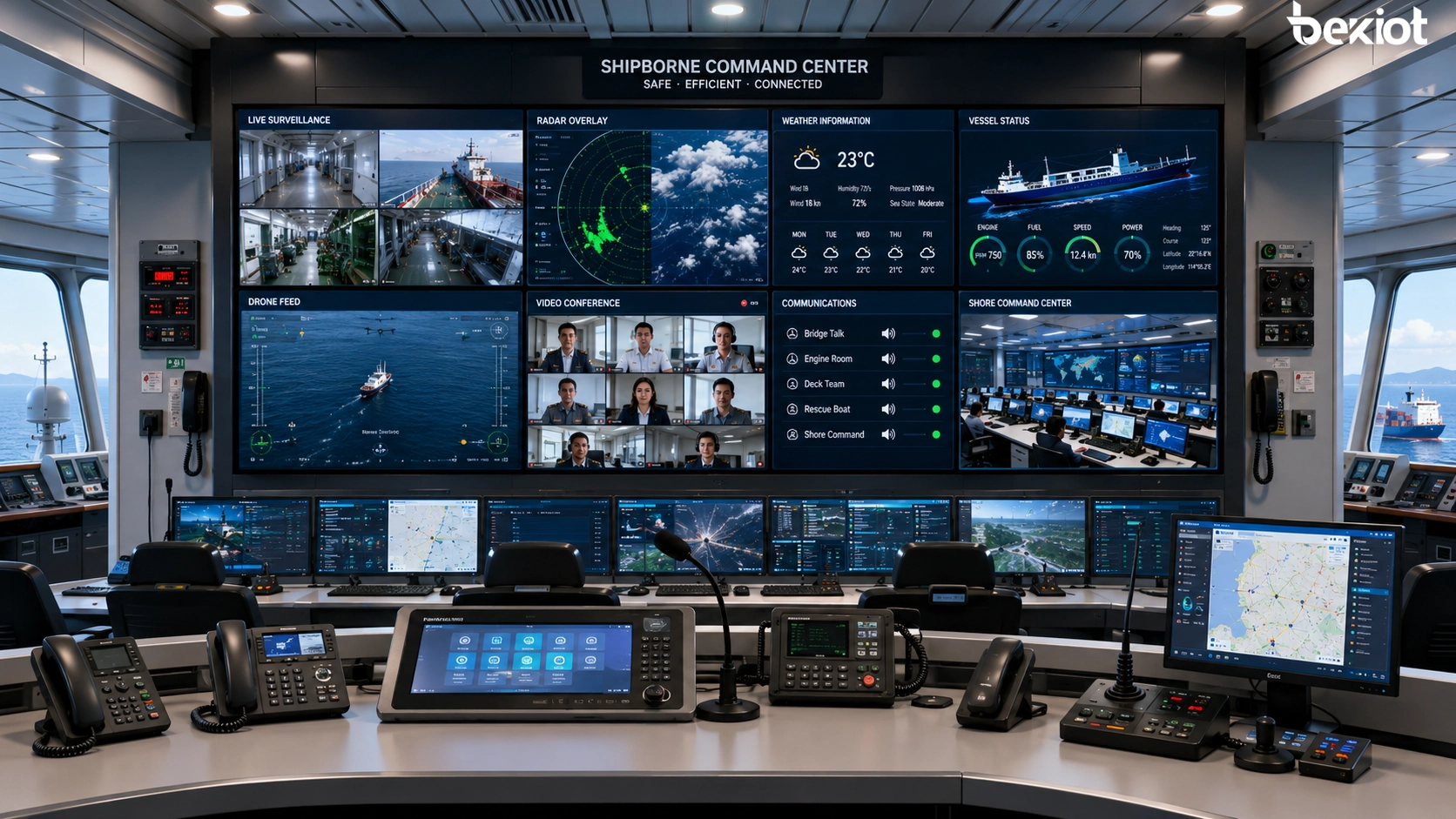 Shipborne audio-video command center connecting onboard control room, SIP communication, surveillance cameras, radar data, weather information, drones, satellite phone, radio system, and shore command center