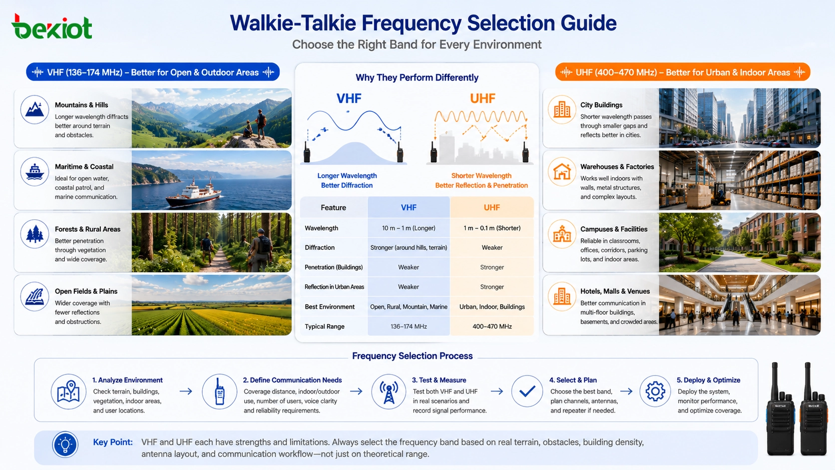 Walkie-talkie frequency selection guide comparing VHF and UHF for city buildings, open fields, forests, mountains, warehouses, and maritime communication
