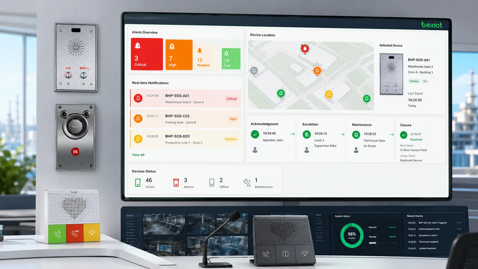 Fault alarm dashboard showing severity classification device location real time notification acknowledgment escalation and maintenance closure