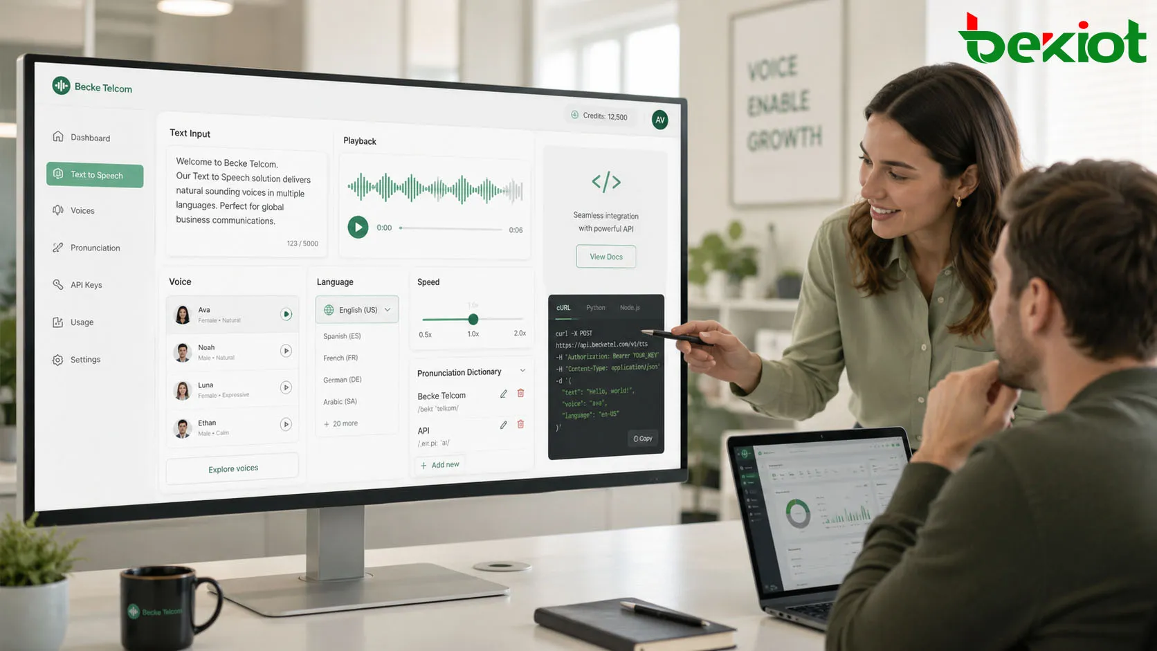 Text to Speech features showing natural voices multilingual support speed control pronunciation dictionary and API integration