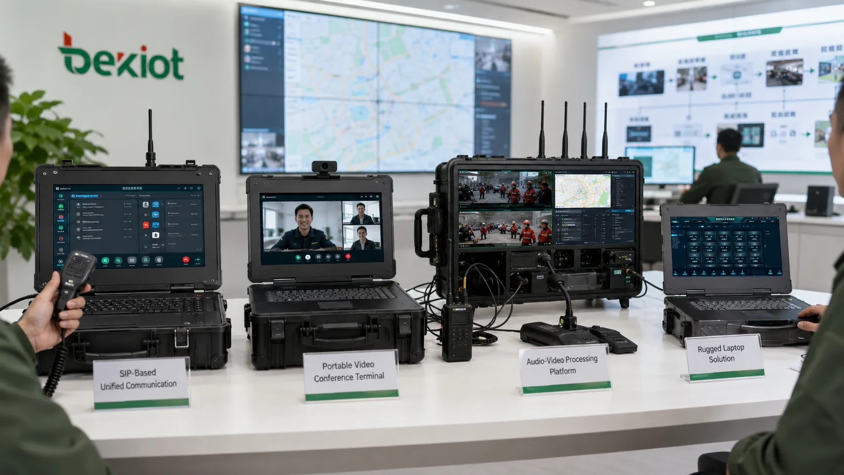 Technical comparison of emergency command box architectures showing SIP-based unified communication, portable video conference terminal, audio-video processing platform, and rugged laptop solution