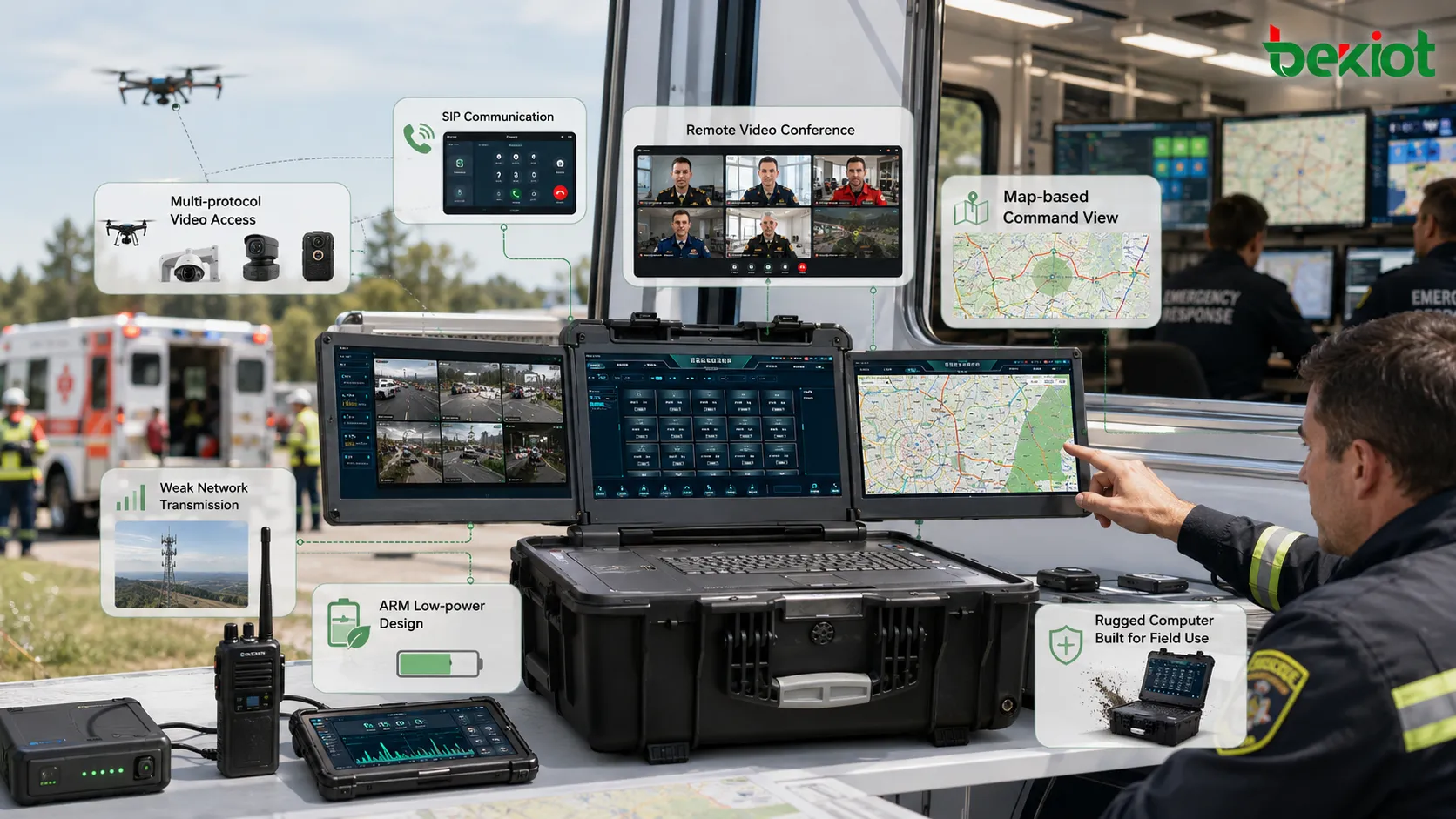 Emergency command box selection workflow comparing field requirements, SIP communication, video conferencing, multi-protocol media processing, weak-network transmission, ARM low-power design, and rugged computer use