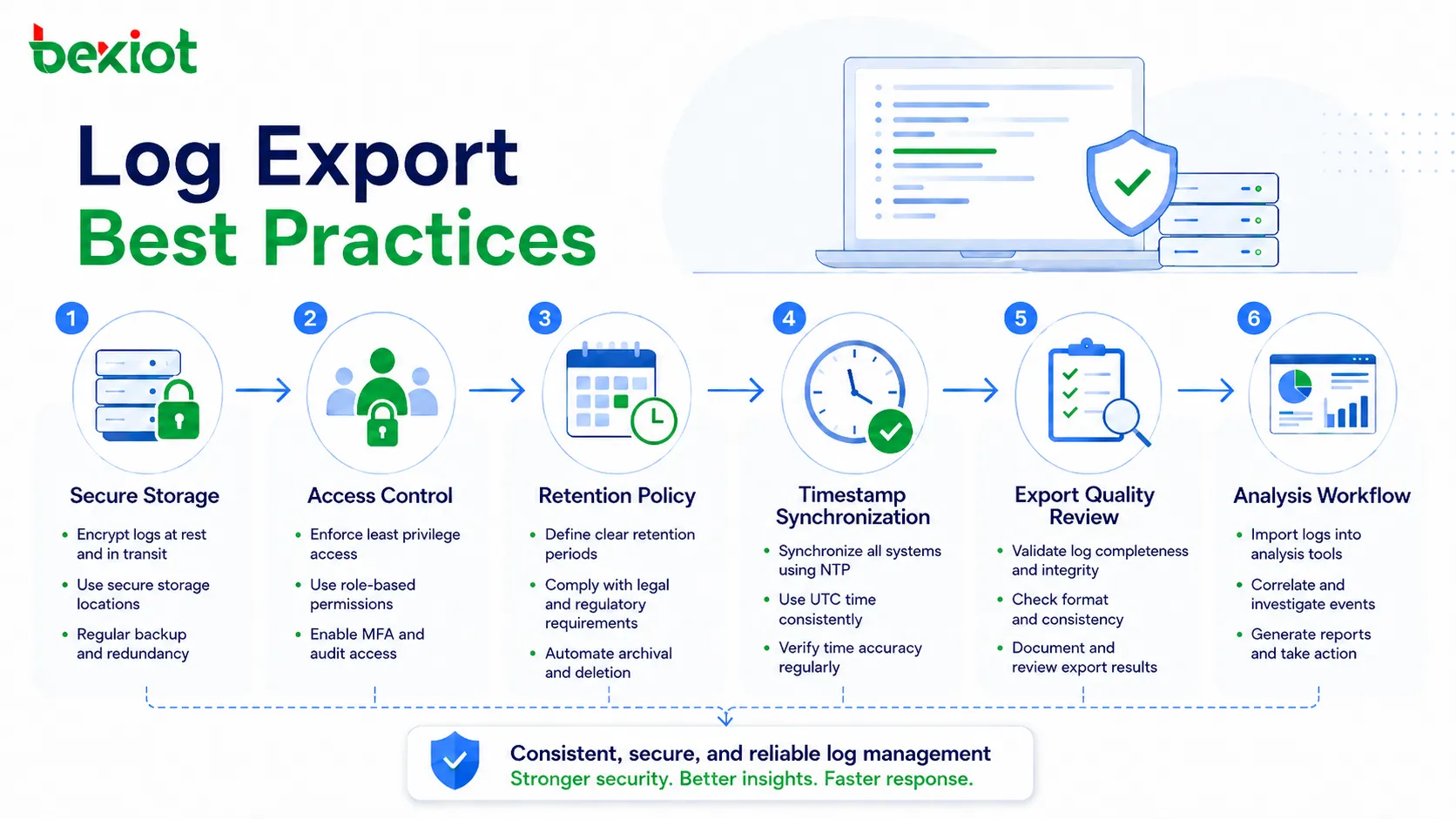 Log export best practices showing secure storage access control retention policy timestamp synchronization and analysis workflow