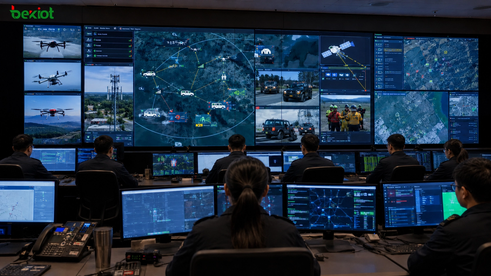 Unified emergency communication command center monitoring disaster area networks drone base stations satellite links vehicles and field rescue teams