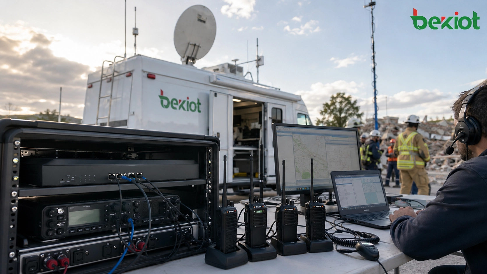 Emergency command vehicle connecting field walkie-talkies through RoIP gateway dispatch console satellite link and rescue teams