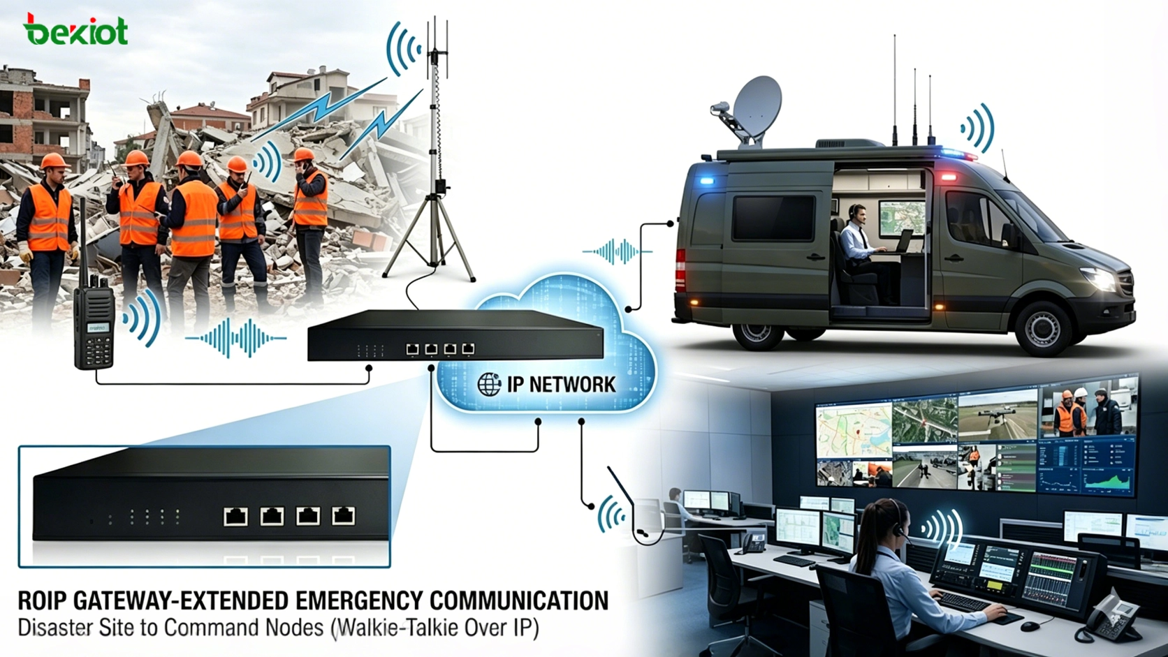RoIP gateway extending walkie-talkie coverage from disaster site to emergency command vehicle and remote command center