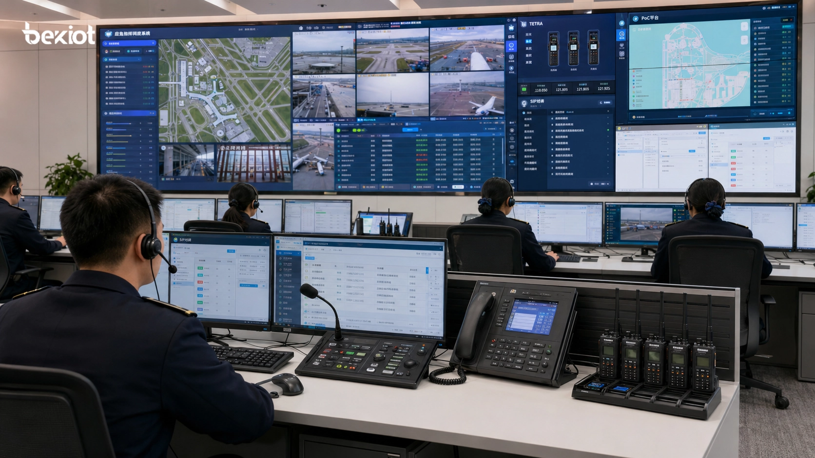 Airport command center integrating TETRA radios PoC platform aviation radio SIP intercom and emergency dispatch system