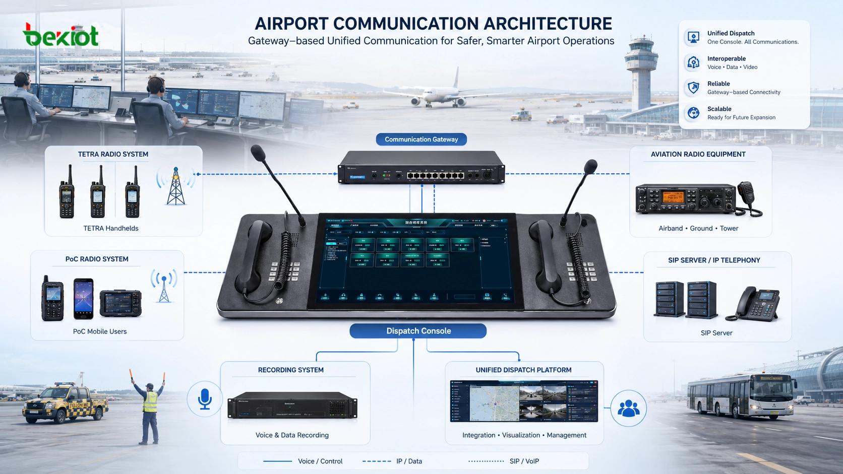 Airport radio gateway deployment architecture with TETRA radios PoC users aviation radio SIP server dispatch console and recording system