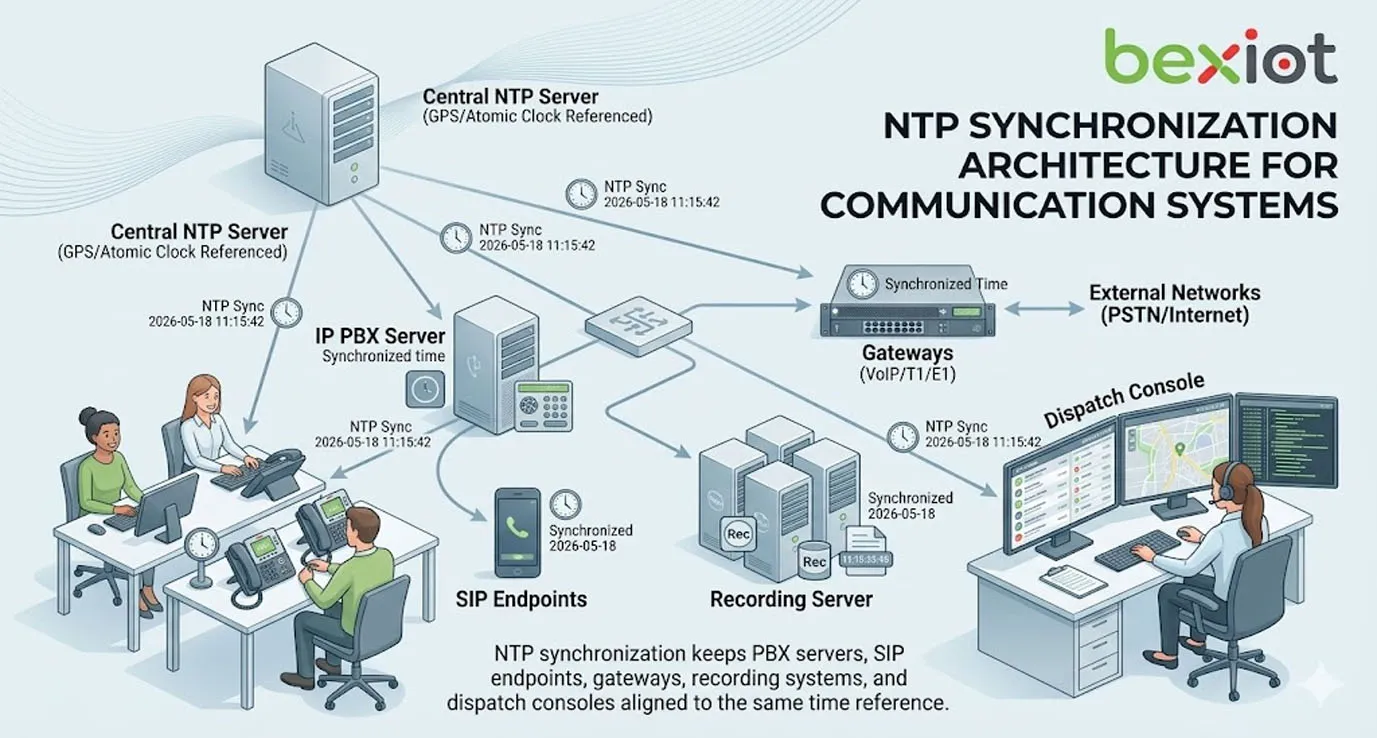 NTP synchronization for recording playback showing voice recordings video clips alarm logs and dispatch timeline aligned by accurate timestamps