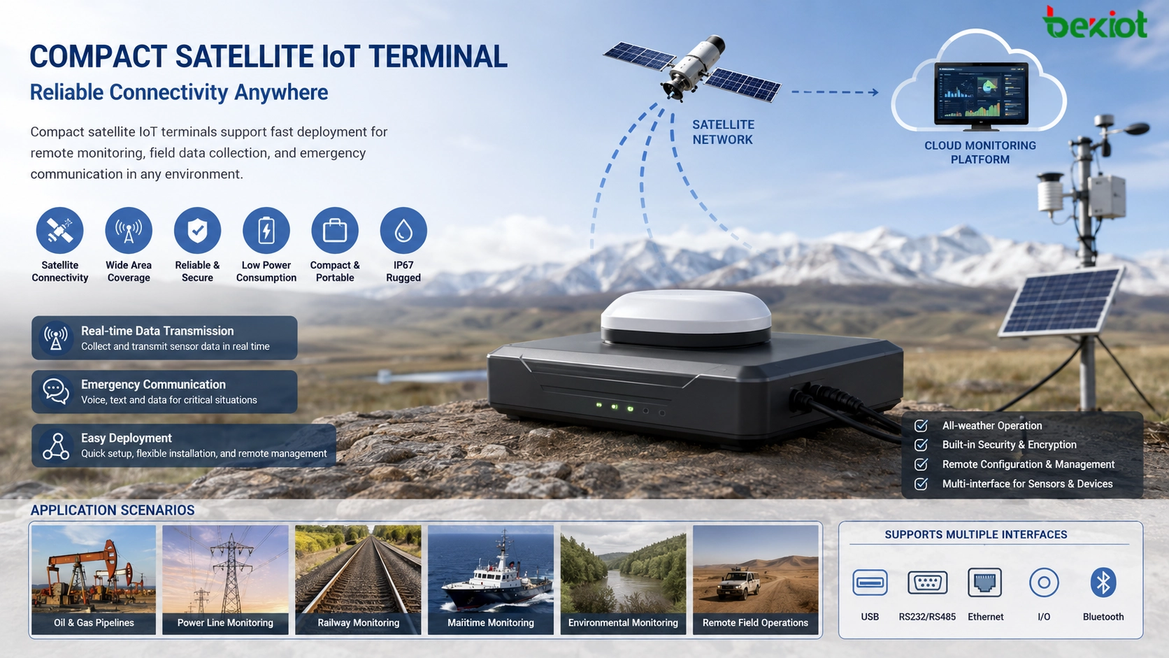Compact satellite IoT terminal deployed in remote field environment for sensor data transmission and emergency communication