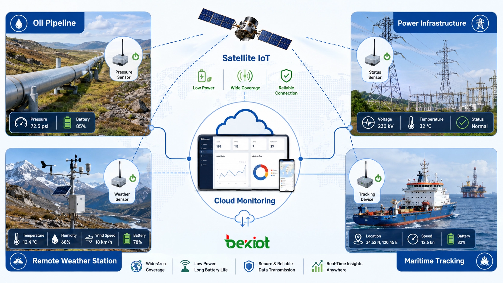 Low-power satellite IoT devices monitoring pipeline pressure power tower status remote weather station and maritime asset tracking