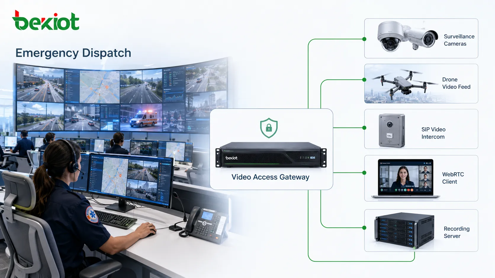 Emergency dispatch platform using video access gateway to connect surveillance cameras drone video SIP video intercom WebRTC client and recording server
