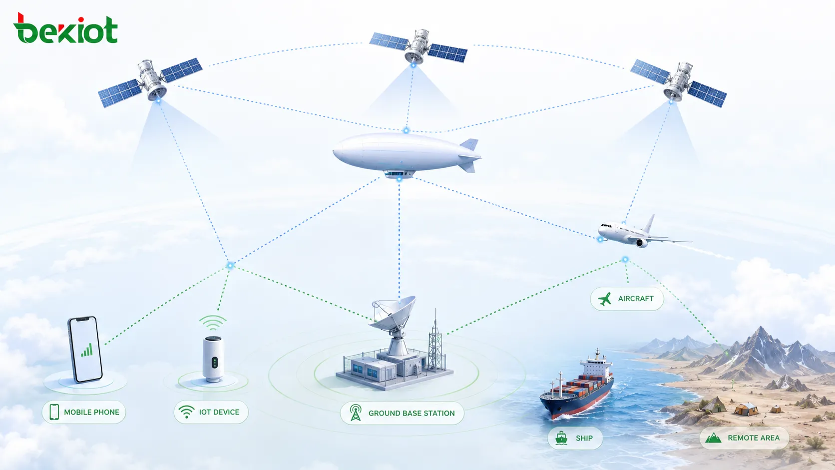 NTN network architecture connecting satellites high altitude platforms ground base stations mobile phones IoT devices aircraft ships and remote areas