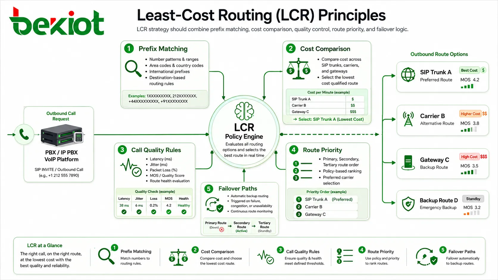Least-Cost Routing LCR principles including prefix matching cost comparison quality rules route priority and failover paths