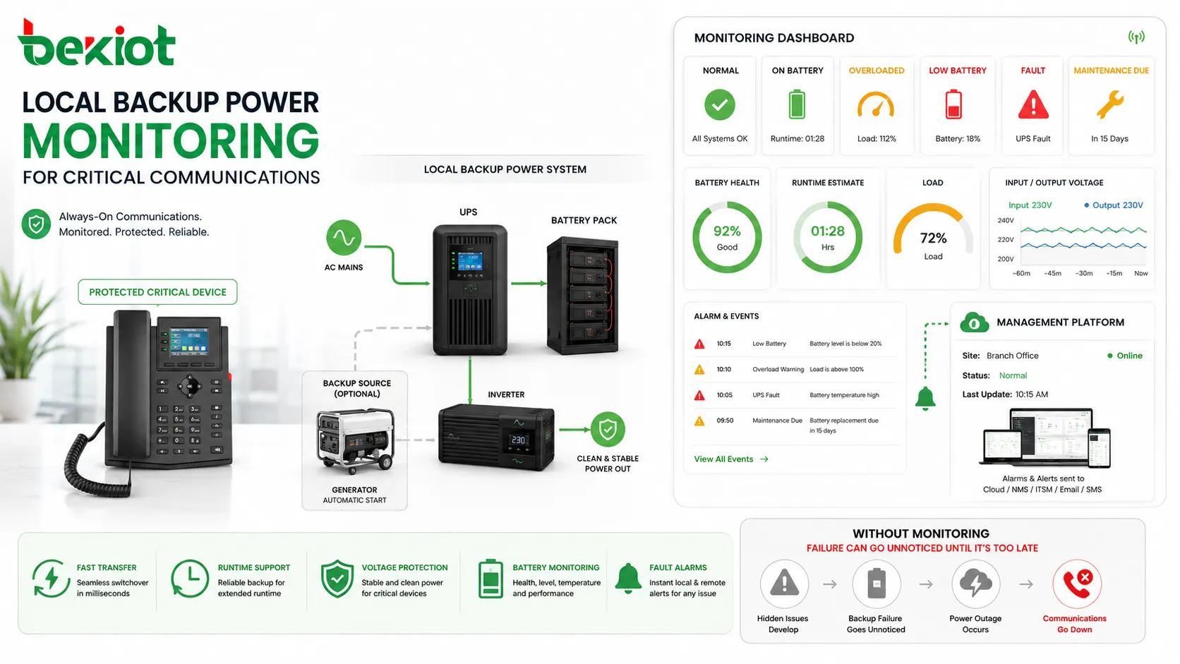 Local backup power features showing battery runtime monitoring overload alarm voltage protection and power status dashboard