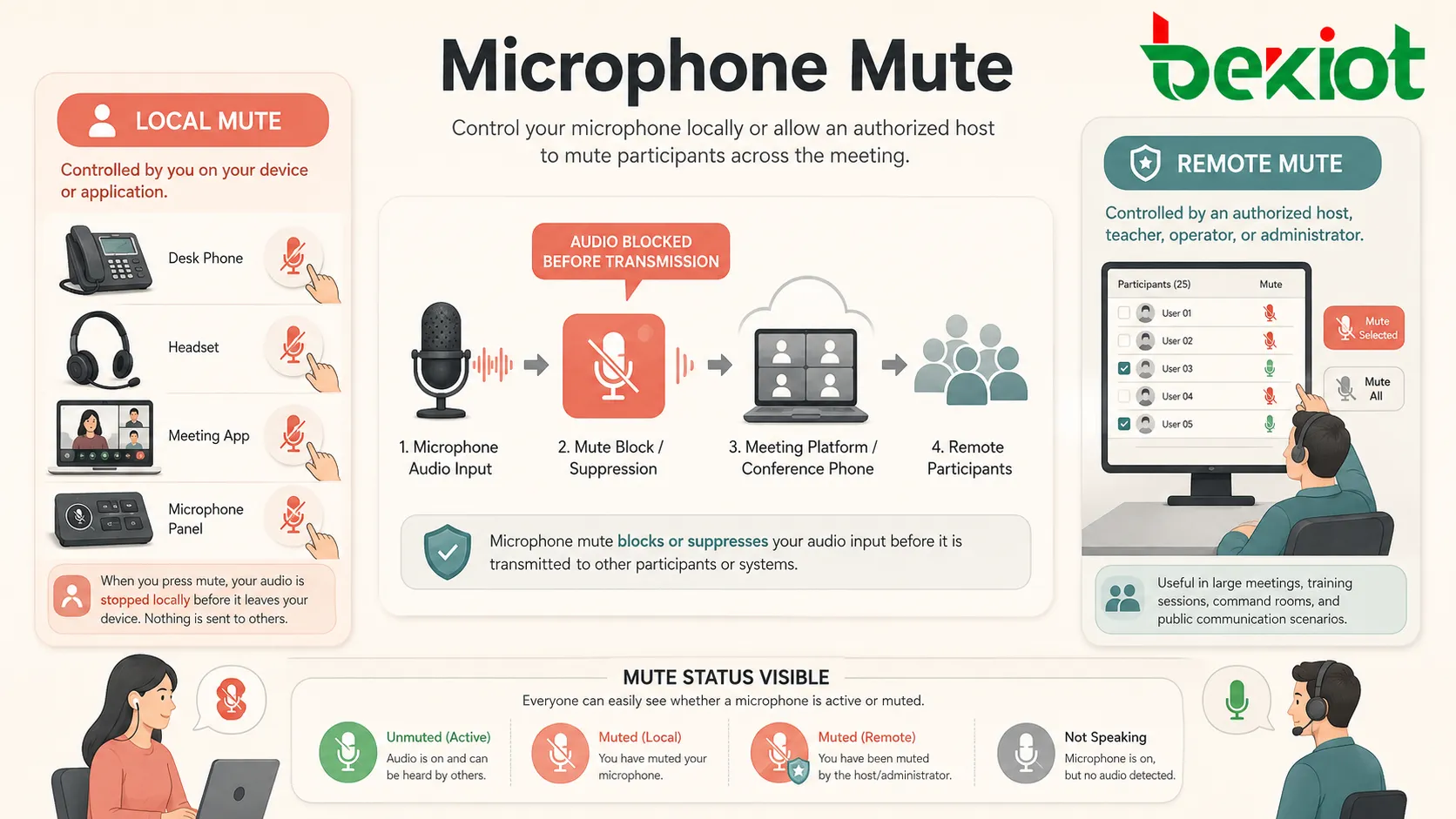 Microphone mute diagram showing microphone audio input blocked before transmission to meeting platform conference phone and remote participants