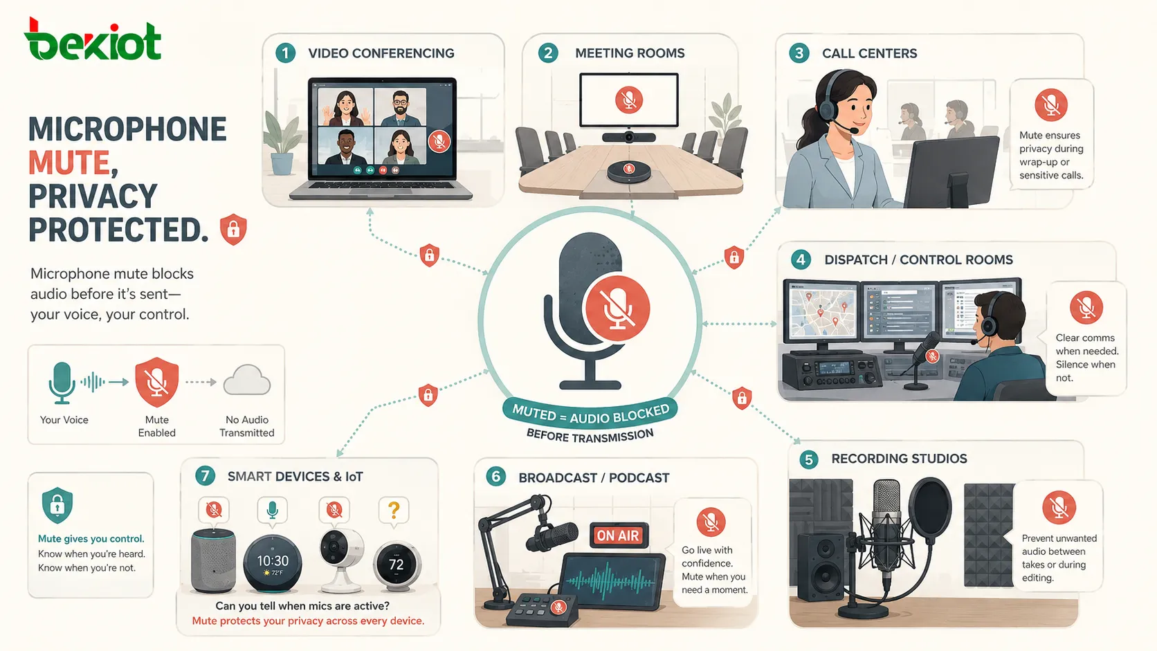 Microphone mute applications in video conferencing meeting rooms call centers dispatch systems broadcast recording and smart devices