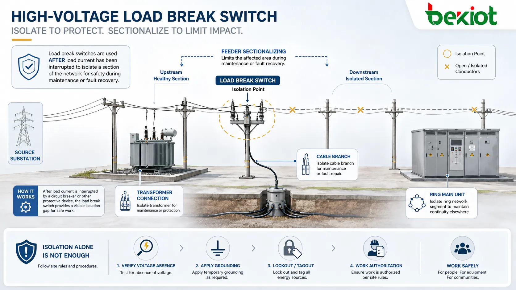 High-voltage load break switch components showing main contacts arc interruption chamber insulation system operating mechanism interlock and position indicator