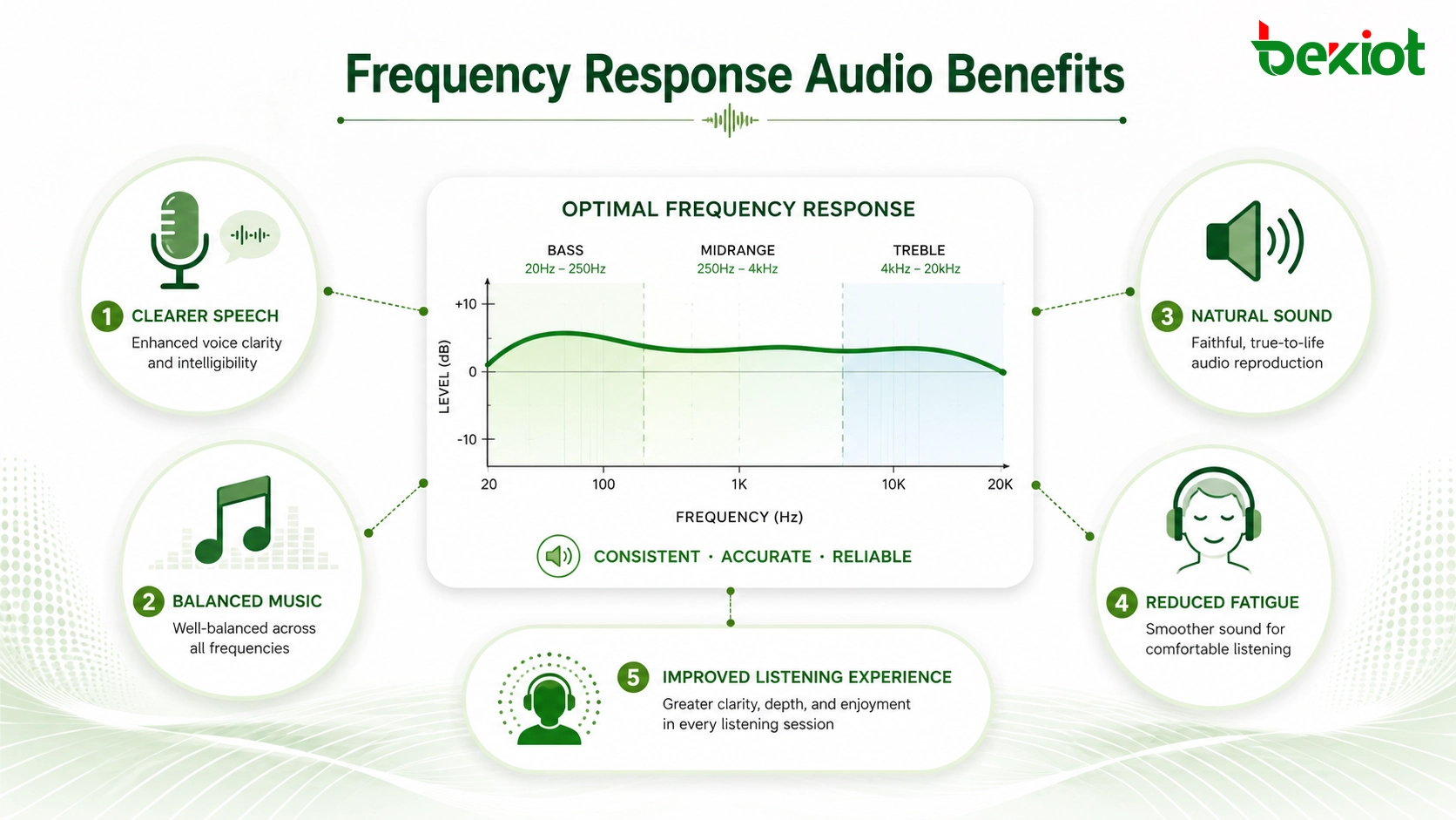 Frequency response audio benefits showing clearer speech balanced music natural sound reduced fatigue and improved listening experience