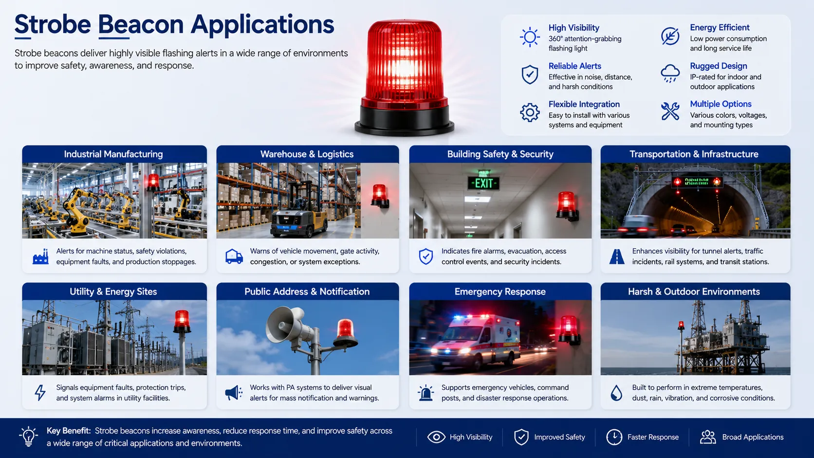 Strobe beacon applications in industrial manufacturing warehouse logistics building safety transportation infrastructure utility sites and emergency response systems