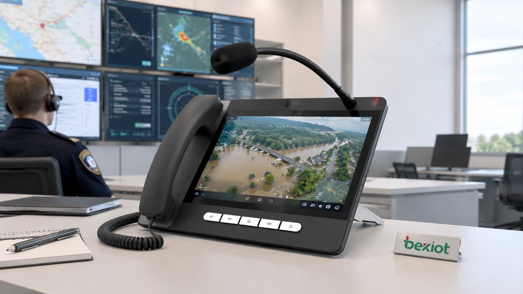Large-screen SIP console displaying drone video feed for emergency command