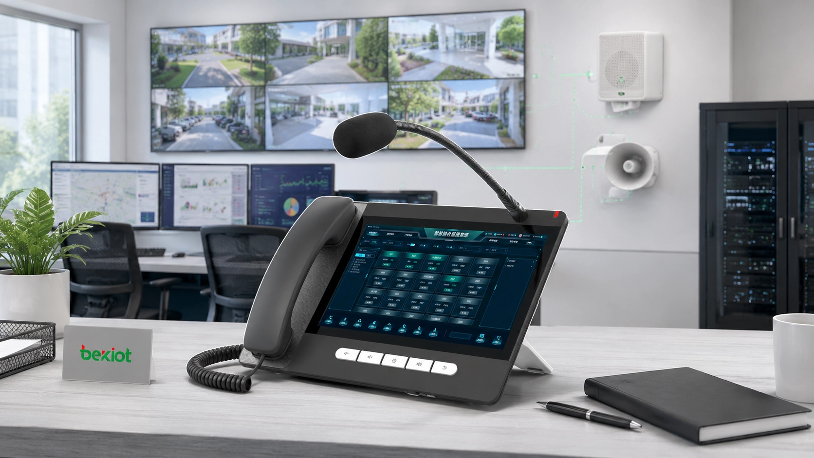 SIP paging console connected with monitoring cameras paging speakers and command center resources