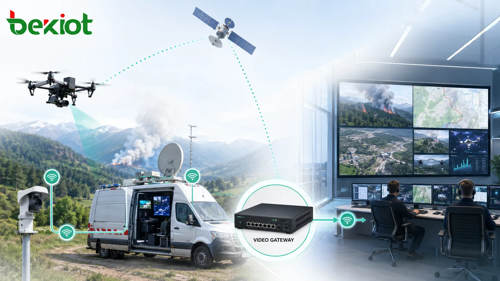 Broadband satellite communication link connecting drone video field cameras emergency command vehicle and remote command center through a video gateway